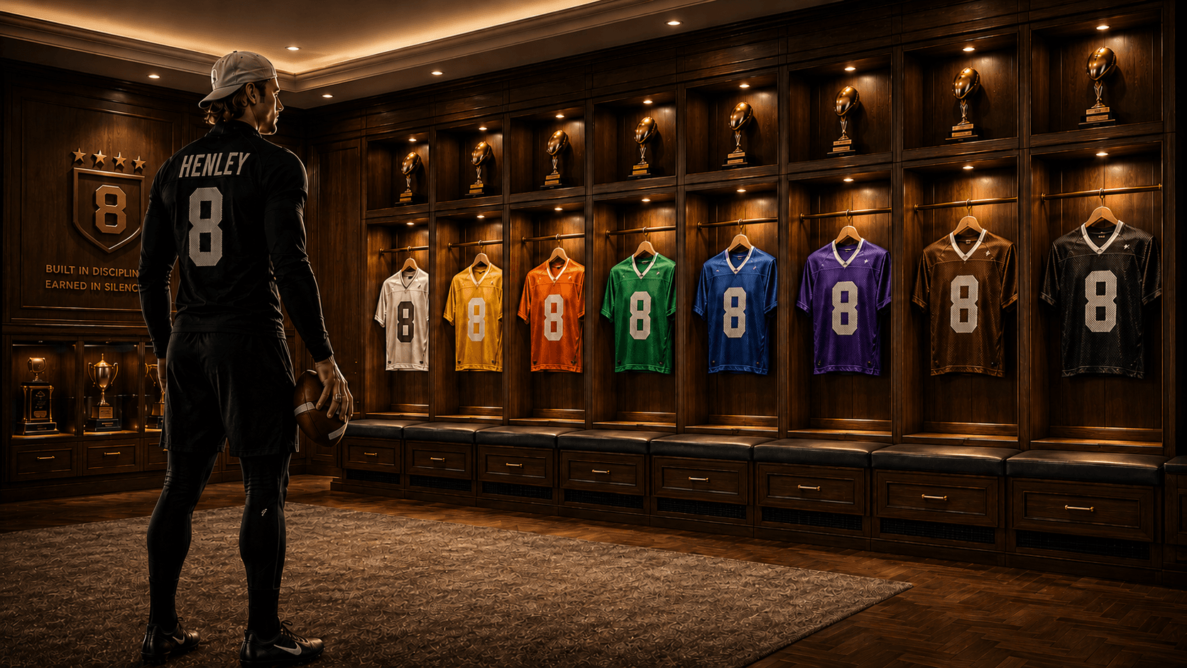 Locker room with eight Straight 8 practice jerseys.
